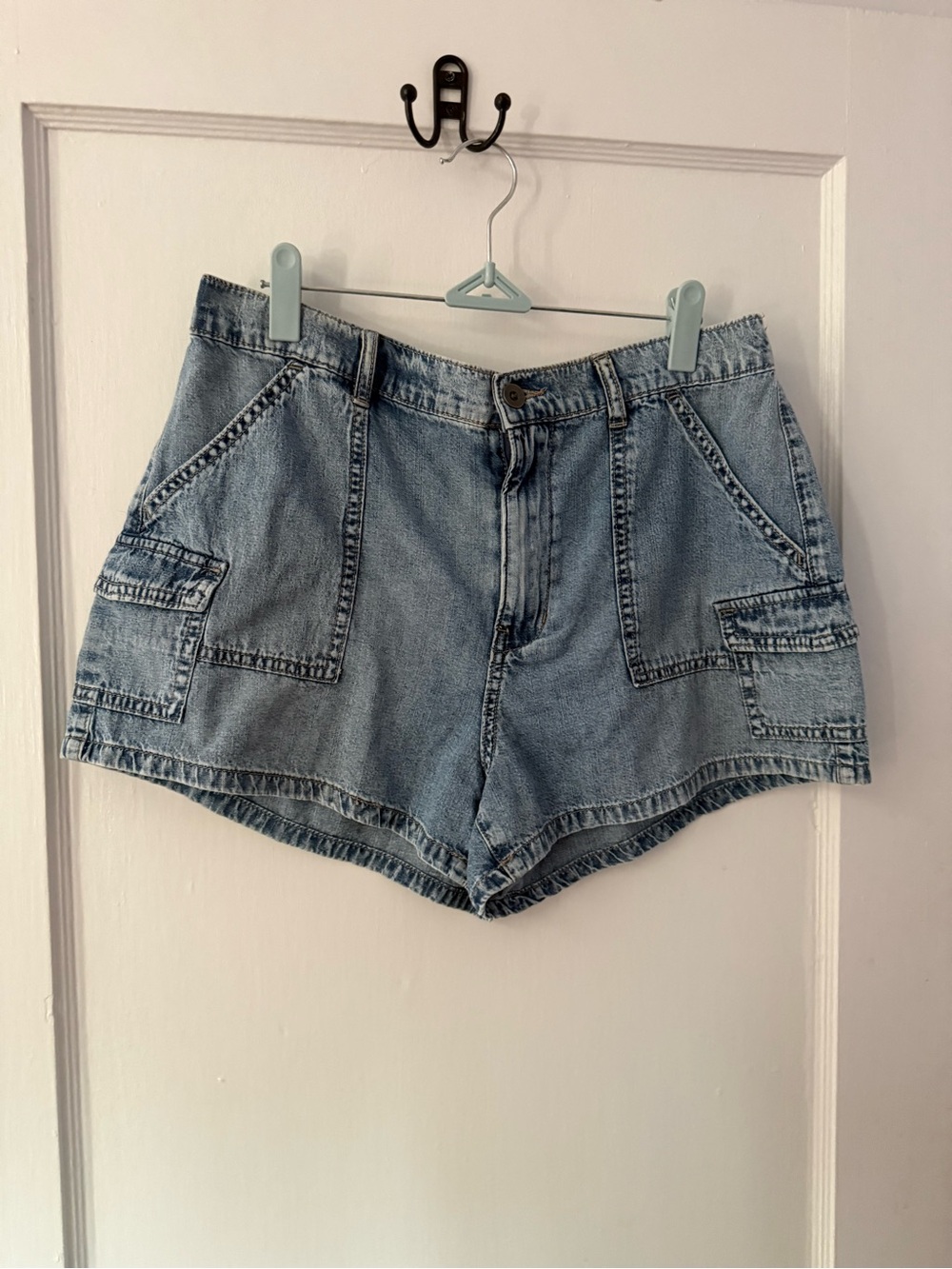 Light Blue High-Rise Denim Cargo Shorts STRETCHY ELASTIC WAIST BAND!